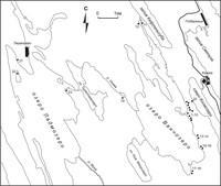 Расположение поселений на озерах Ладмозеро, Ванчозеро и Космозеро (1-19 – Ванчозеро 1-19, 20 – Космозеро 1, 21-23 – Ладмозеро 1-3)