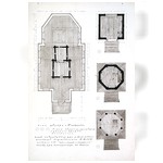 Чертёж обмерный. Планы церкви и её обстройки, 1-го, промежуточного и 2-го этажей колокольни.