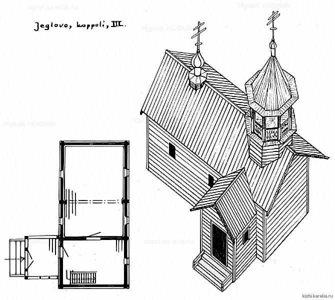 Часовня в д.Еглово. План, аксонометрия. Реконструкция 3-го этапа строительства.