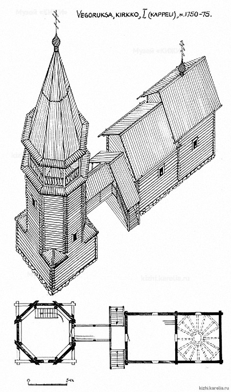 Часовня в д.Вегорукса. План, аксонометрия. Реконструкция 1-го этапа строительства