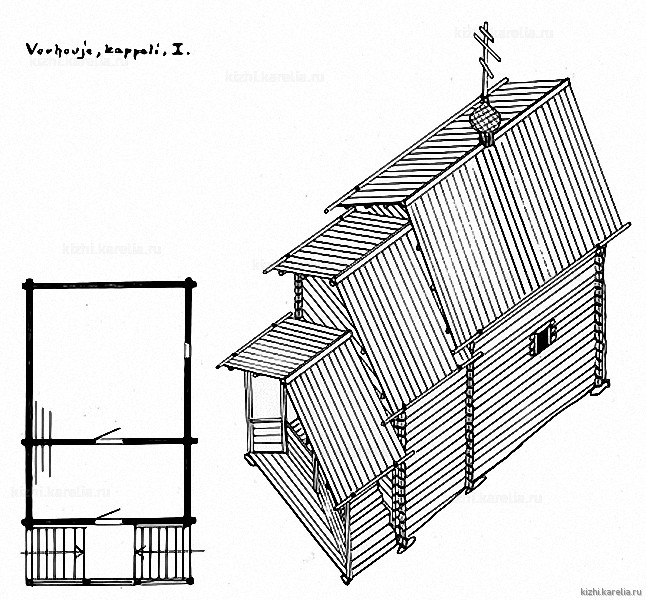 Часовня в д.Верховье. План, аксонометрия. Реконструкция 1-го этапа строительства