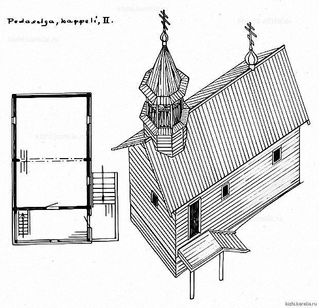 Часовня в д.Педасельга. План, аксонометрия. Реконструкция 2-го этапа строительства.