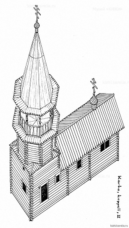 Часовня в д.Корба. Аксонометрия. Реконструкция 2-го этапа строительства.