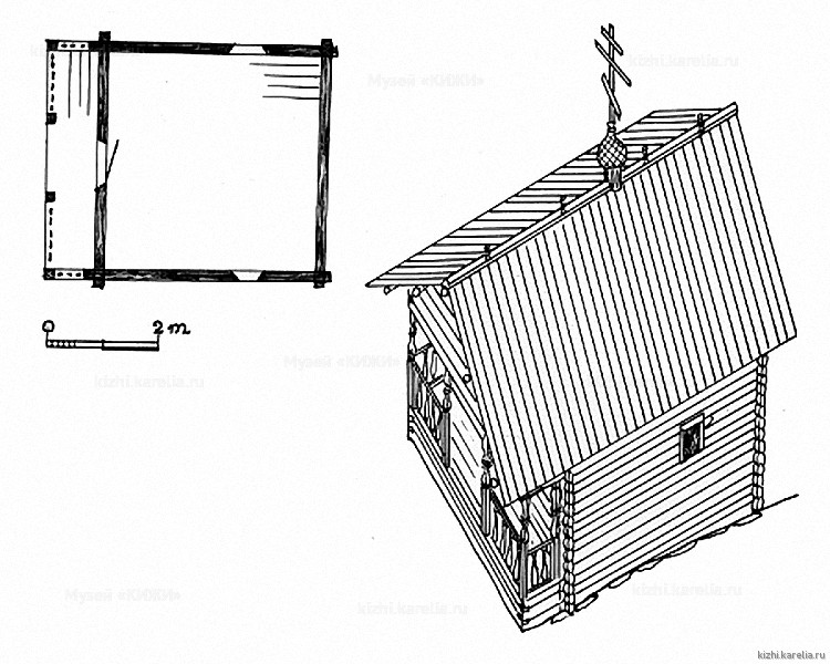 Часовня в д.Задняя. План, аксонометрия. Реконструкция 1-го этапа строительства.
