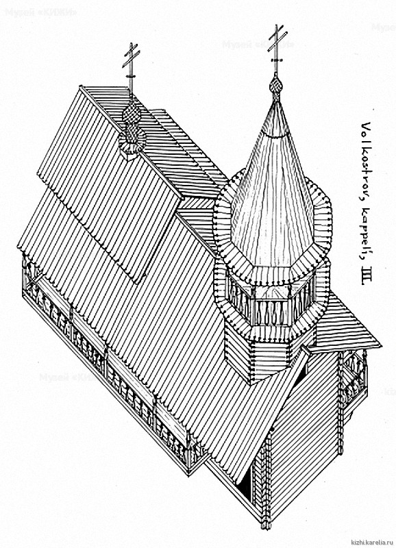 Часовня в д.Волкостров. Аксонометрия. Реконструкция 3-го этапа строительства