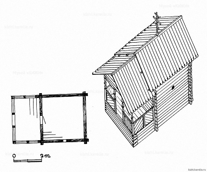 Часовня в д.Бережная. План, аксонометрия. Реконструкция 1-го этапа строительства