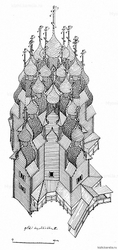 Преображенская церковь на о.Кижи. Аксонометрия. Реконструкция 1-го этапа строительства