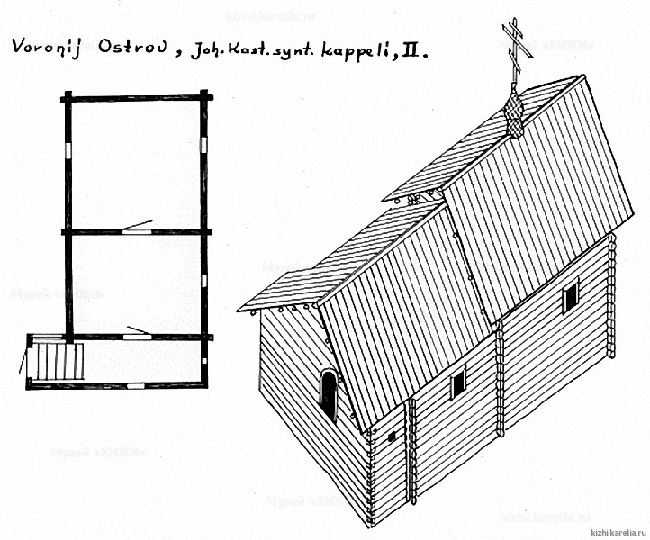 Часовня в д.Вороний Остров. План, аксонометрия. Реконструкция 2-го этапа строительства