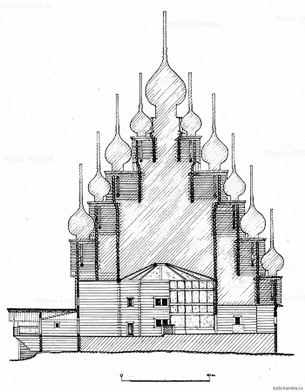 Преображенская церковь на о.Кижи. Продольный разрез. Реконструкция 2-го этапа строительства