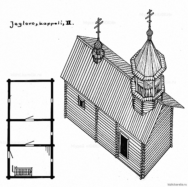 Часовня в д.Еглово. План, аксонометрия. Реконструкция 2-го этапа строительства.