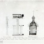 Л. 31. Часовня Архангела Михаила. Тех. арх. В.А. Крохин. Столб крыльца и колокольни, разрез по алтарю (обмер). 1950 г.