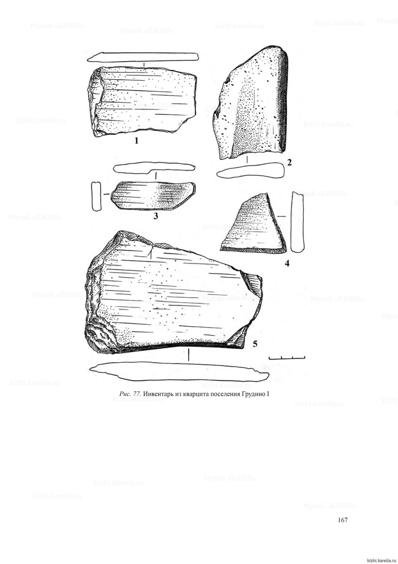 Рис. 77. Инвентарь из кварцита поселения Грудино I