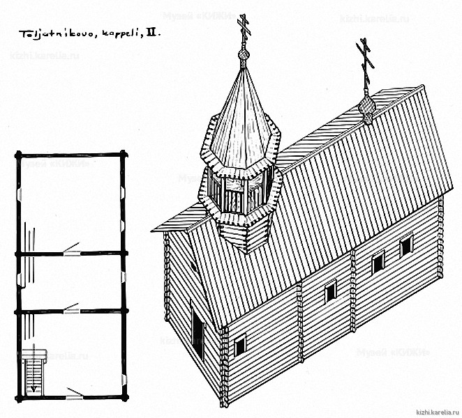 Часовня в д.Телятниково. План, аксонометрия. Реконструкция 2-го этапа строительства.