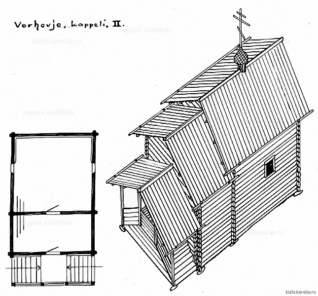 Часовня в д.Верховье. План, аксонометрия. Реконструкция 2-го этапа строительства.