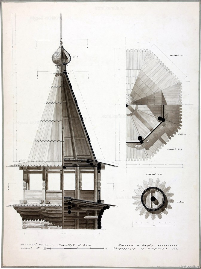 Чертёж реставрации. Ильинская церковь Водлозерского погоста. Звонница и шатёр колокольни
