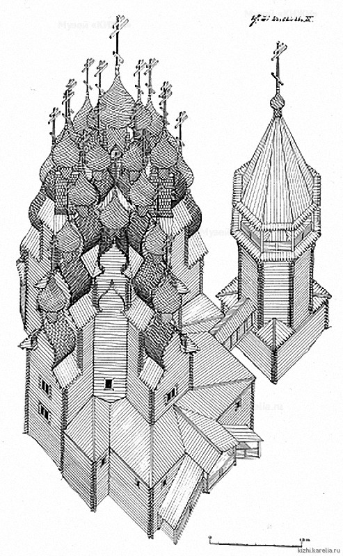 Преображенская церковь и колокольня на о.Кижи. Аксонометрия. Реконструкция 2-го этапа строительства