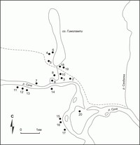 Расположение поселений Кивач 2-20 на реке Суна