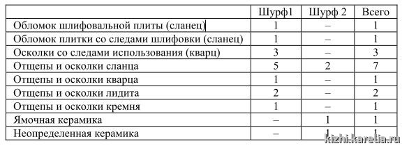 Таблица 4. Состав коллекции из поселения Ванчозеро 4