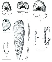 Рис. 12. Рыболовные грузила из камня (1–4), рыболовные крючки (5, 7, 8) и блесна (6) из железа