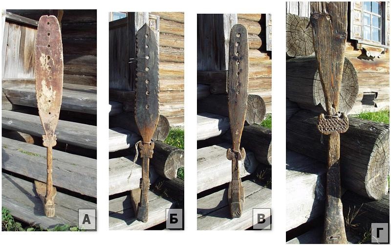Рис.1. Прялки «заонежско-карельского» вида из фондов музея-заповедника «Кижи»: А – прялка из д.Карасозеро («Кижи» КП-155/10); Б – прялка из д.Кузнецы («Кижи» КП-32/37); В-Г – прялка из д.Сенная Губа («Кижи» КП-8/7).