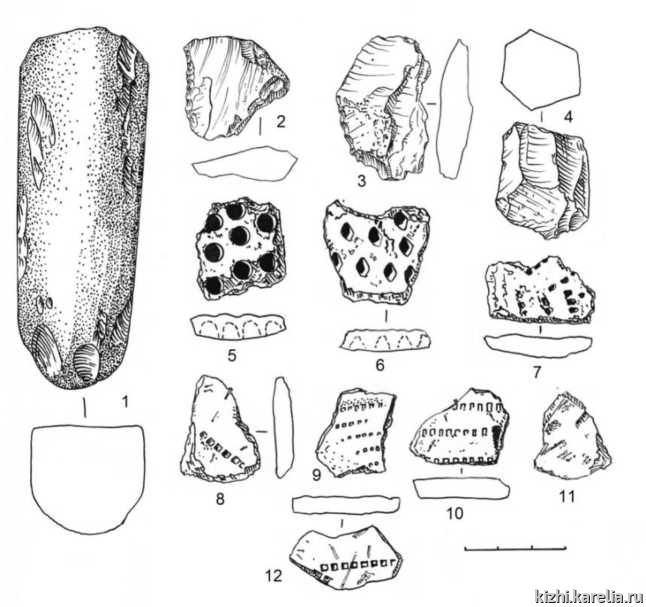 Рис. 15. Находки из поселения Грыз 1 (1, 3 — сланец, 2 — кремень, 4 — лидит, 5—12 — керамика).