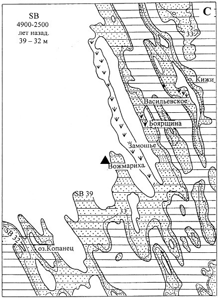 Рис.2С. Палеографические схемы южного побережья Заонежского полуострова в суббореальный период. Условные обозначения см. на рис. 2А.