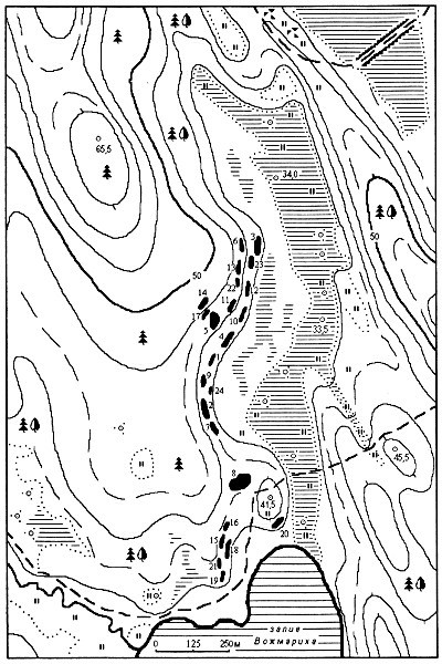 Рис.2. Вожмарихинский археологический комплекс: 1-24 — поселения Вожмариха 1-24.