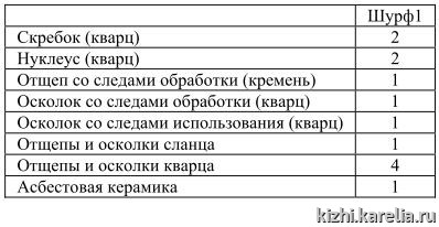 Таблица 11. Состав коллекции из поселения Ванчозеро 11