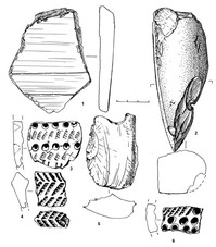 Рис. 7. Находки из поселений Ванчозеро 4 (1), 5 (5), 8 (3), 9 (2), 12 (4,6)