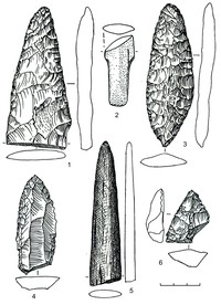 Рис. 5. Наконечники копий и дротиков из кремня (1, 3–6) и сланца (2)