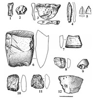 Рис.6. Поселение Пяльма 2: 1 – нож, кремень; 2 – фрагмент гребенчато-ямочной керамики; 3 – фрагмент асбестовой керамики. Поселение Пяльма 3: 4, 5 – наконечник и обломок наконечника стрелы, кремень. Поселение Пяльма 4: 6 – топор, сланец; 7 – обломок пилы, кварцит; 8 – скребок, кварц; 9, 12…