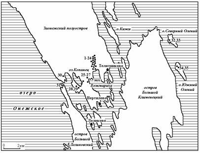 Рис.1а. Расположение памятников археологии в Южном Заонежье