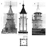 Рис.4. Колокольня в Унежме (а, б) (по В.Суслову), колокольня в Кижах (в) (фото Ф.Каликина) 
