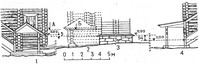 Рис.10. Чертеж привязки уровней полов трапезной Преображенской церкви и колокольни (новой и старой) (по Л.М.Лисенко): 1 – Преображенская церковь; 2 – старая колокольня; 3 – колокольня конца XIX в.; 4 – Покровская церковь; А – уровень пола трапезной; Б – предполагаемый уровень пола старой колокольни