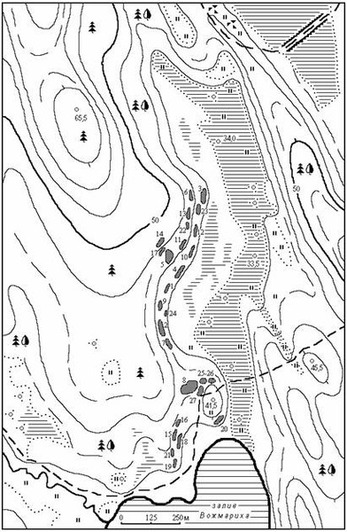 Рис.1б. Расположение памятников археологии в Южном Заонежье