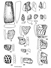Рис.9. Поселение Пяльма 8: 1 – тесло, сланец; 2 – отщеп со следами обработки, кварц; 3 – сверло, кварц; 4 – наконечник стрелы, кремень; 5 – отщеп со следами обработки, кремень; 6, 7 – скребки, кремень; 8, 9, 11 – фрагменты сетчатой керамики; 10, 17 – фрагменты асбестовой керамики; 12, 13, 15 – …
