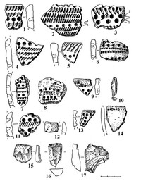 Рис.10. Поселение Пяльма 9: 1-9, 13 – фрагменты ямочно-гребенчатой керамики; 10 – наконечник стрелы, кремень; 12, 14 – фрагменты каргорольской керамики. Поселение Пяльма 10: 15-17 – скребки, кремень