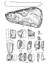 Рис.7. Поселение Пяльма 5: 1 – заготовка рубящего орудия, сланец; 2-3 –фрагменты раннесредневековой лепной керамики; 4 – обломок шлифованного орудия, сланец; 6, 11 – обломок ножевидной пластинки, ножевидна пластинка, кремень; 8, 10 – обломки со следами шлифования, сланец; 13 – долотовидное орудие…