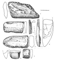 Рис.6. Поселение Леликово 1. Предметы из кварцита (1, 2, 5) и сланца (3, 4, 6, 7).