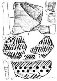 Рис.2. Поселения Пяльма I: 1,3 — обломок шлифовальной плиты, кварцит; 2 – скребок, кремень; 4-6 – фрагменты гребенчато-ямочной керамики