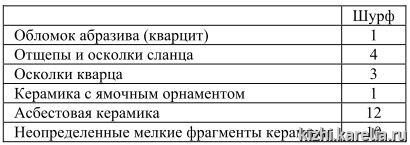 Таблица 6. Состав коллекции из поселения Ванчозеро 6