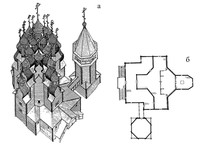 Рис.9. Реконструкция крытого моста, соединявшего Преображенскую церковь и колокольню (а – эскиз, б – план) (по Л.Петтерссону)