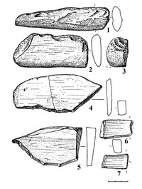 Рис.6. Предметы из сланца (3, 5–7) и кварцита (1, 2, 4)