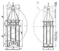 Рис.18. Колокольни в с.Кулига Красноборского района Архангельской области (а) и предполагаемая колокольня в Кижах начала XVII в. (б). Пропорциональный анализ В.А.Крохина