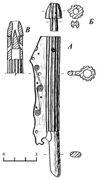 Роговой "игольник" из погребения средневекового кочевника у с.Прибрежное в Северо-западном Крыму (А), его пробка (Б) и система его крепления (В).